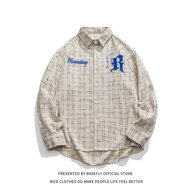 Spring Autumn Plaid Letter R Embroidery Men Button Shirt Unisex Women Long Sleeve Shirt Casual Streetwear Chic Retro Vintage