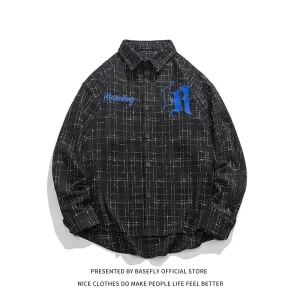 Spring Autumn Plaid Letter R Embroidery Men Button Shirt Unisex Women Long Sleeve Shirt Casual Streetwear Chic Retro Vintage