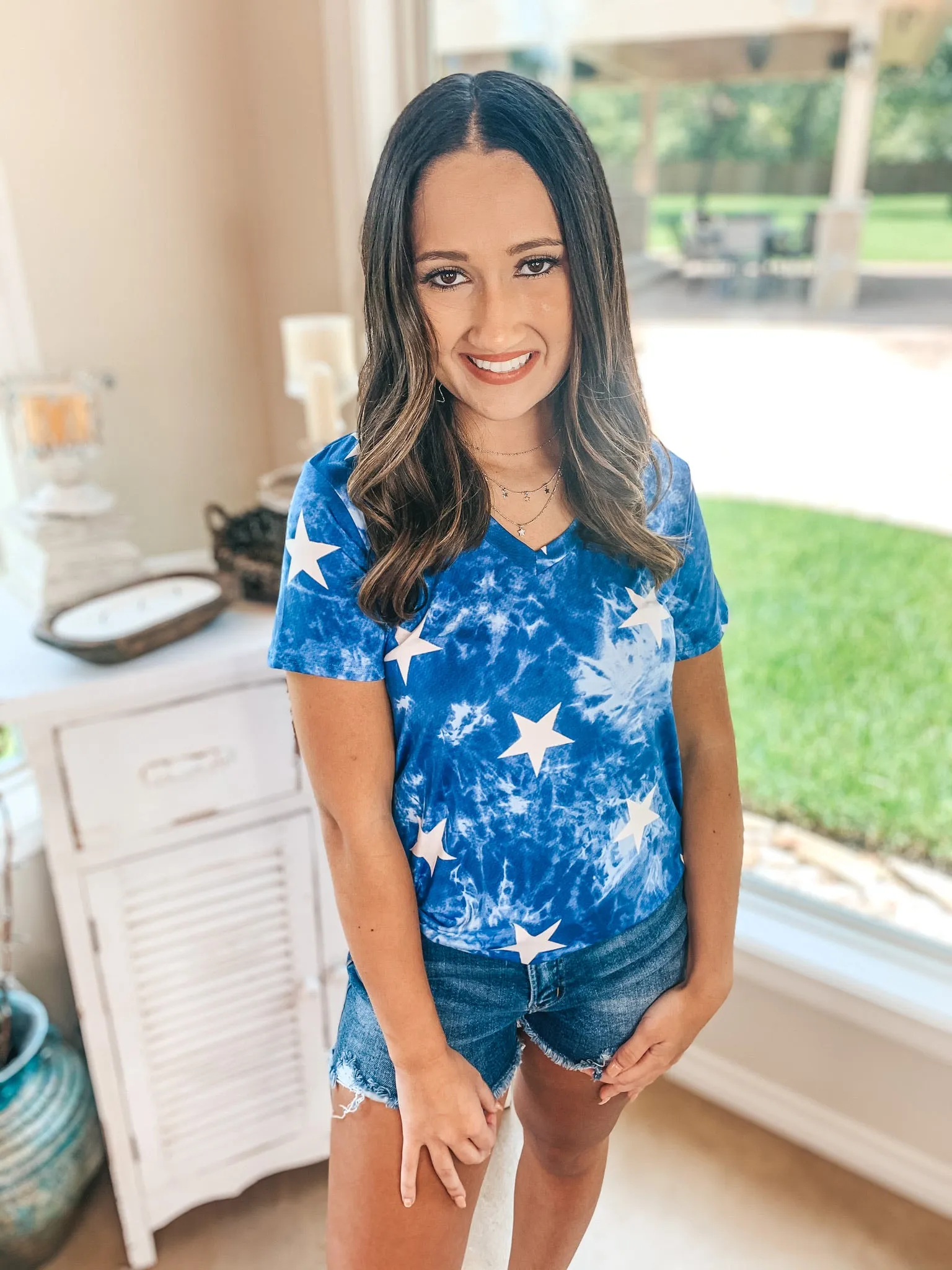 Stars in My Eyes Tie Dye V Neck Tee Shirt with Stars in Royal Blue