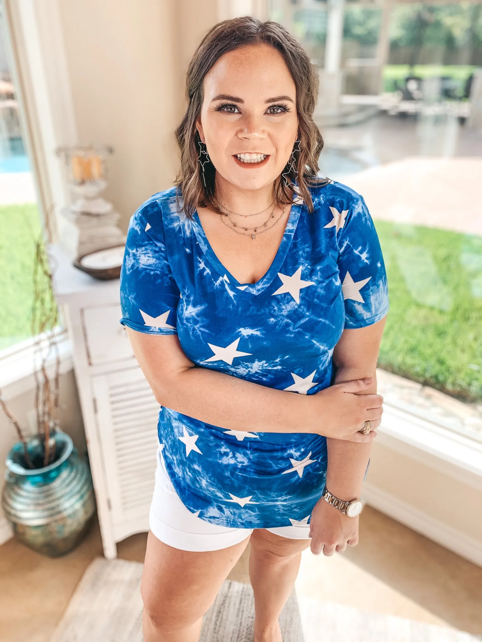 Stars in My Eyes Tie Dye V Neck Tee Shirt with Stars in Royal Blue