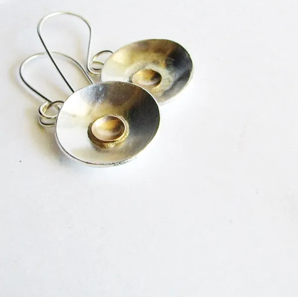 Sterling Silver and 14 K Gold Domed Disc Earrings