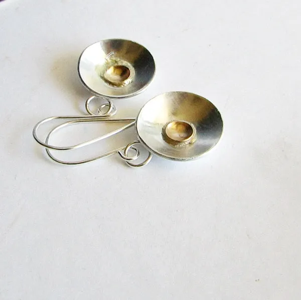 Sterling Silver and 14 K Gold Domed Disc Earrings