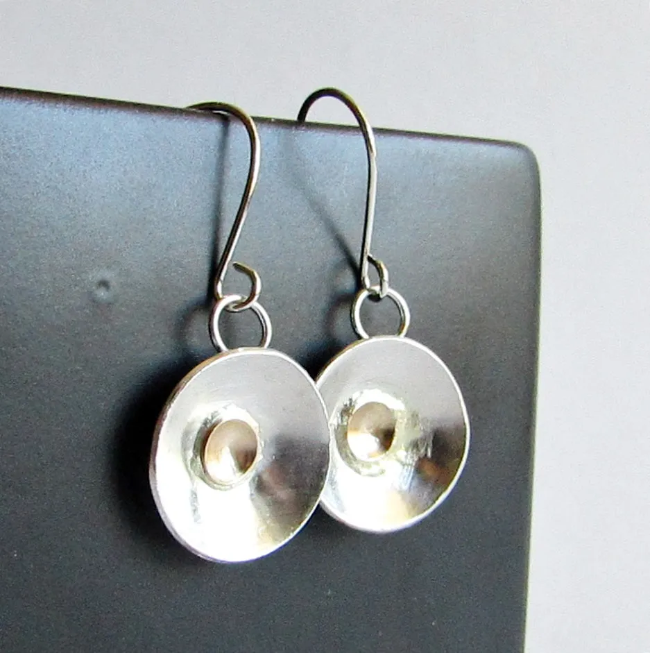 Sterling Silver and 14 K Gold Domed Disc Earrings
