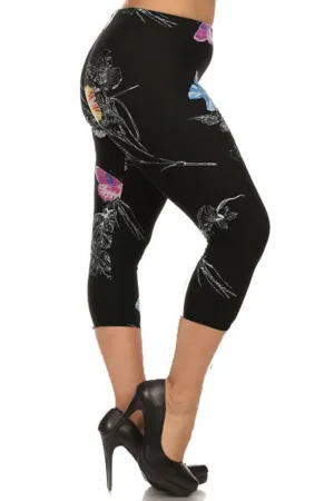 Vibrant Butterflies Design Plus Size Capri Leggings