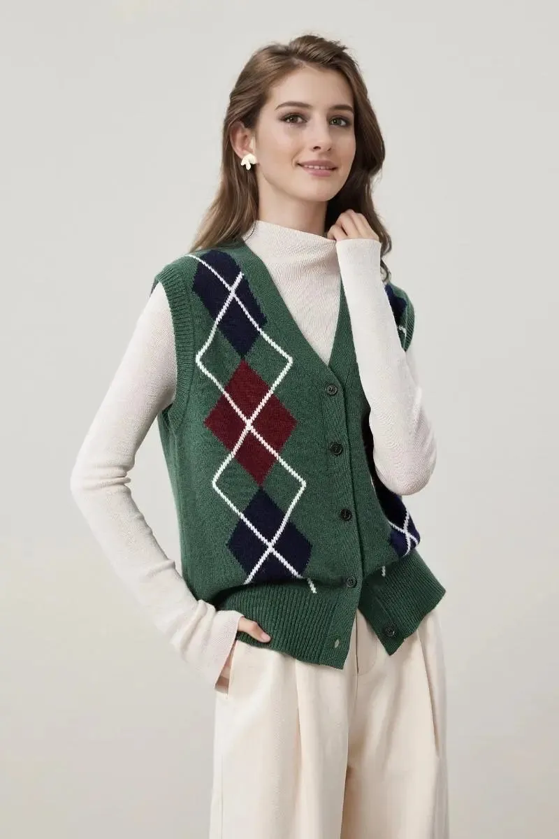 Vintage 100 Wool Argyle V-Neck Cardigan Sweater Vest
