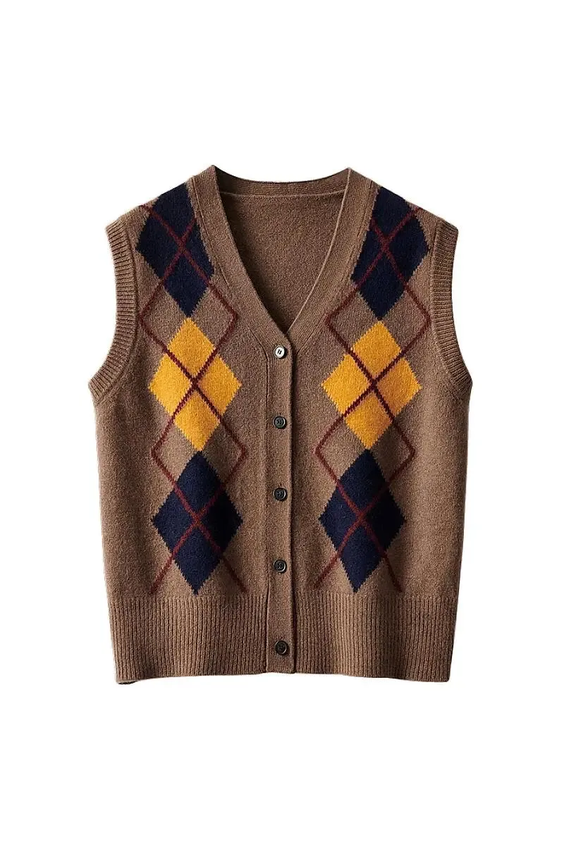 Vintage 100 Wool Argyle V-Neck Cardigan Sweater Vest