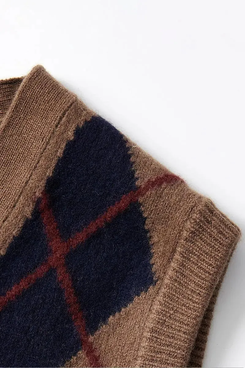 Vintage 100 Wool Argyle V-Neck Cardigan Sweater Vest