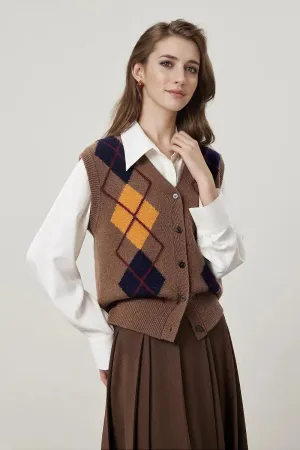 Vintage 100 Wool Argyle V-Neck Cardigan Sweater Vest