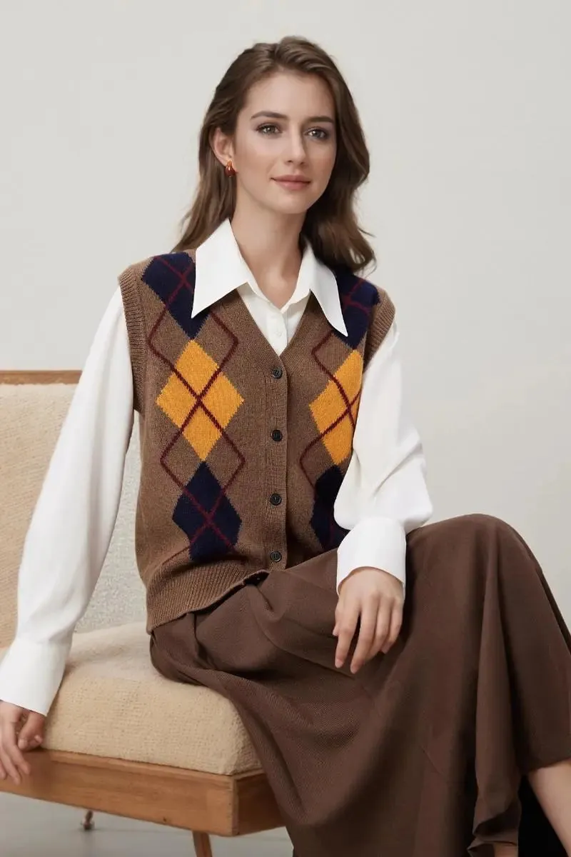 Vintage 100 Wool Argyle V-Neck Cardigan Sweater Vest