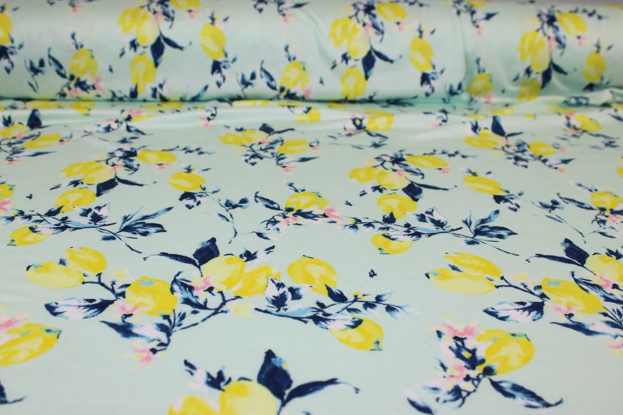 When Life Hands You... Extra Wide Rayon Jersey - Yellow/Blue/Pink on Mint