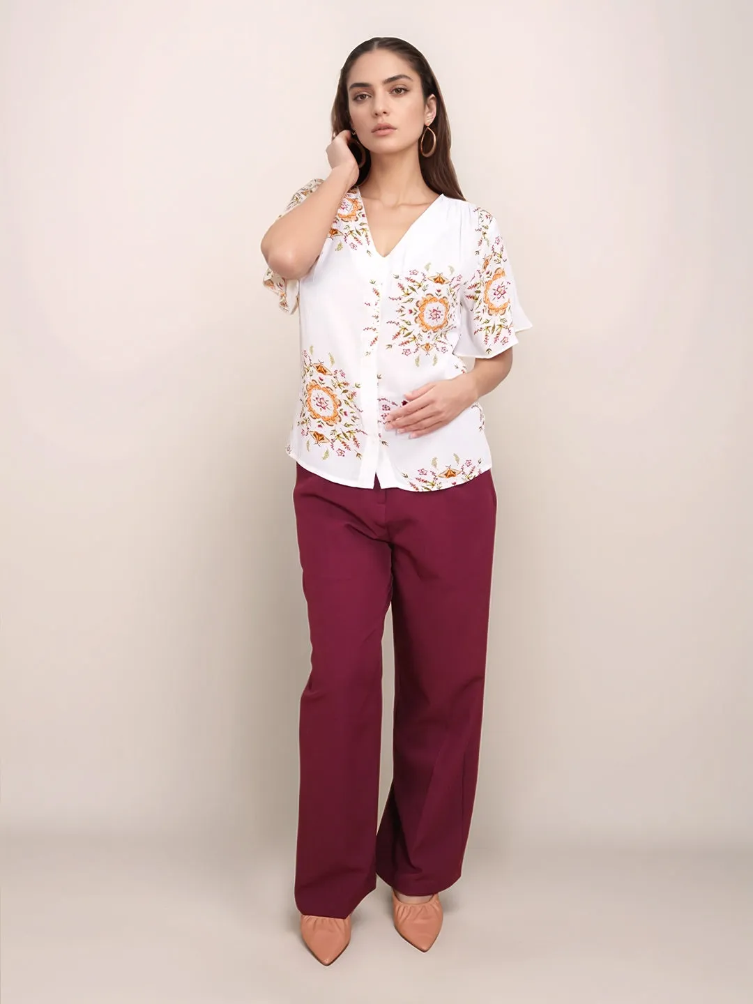White Floral Prints Relaxed Fit Top