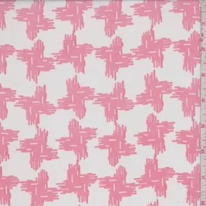White/Coral Pink Abstract Houndstooth Georgette Fabric