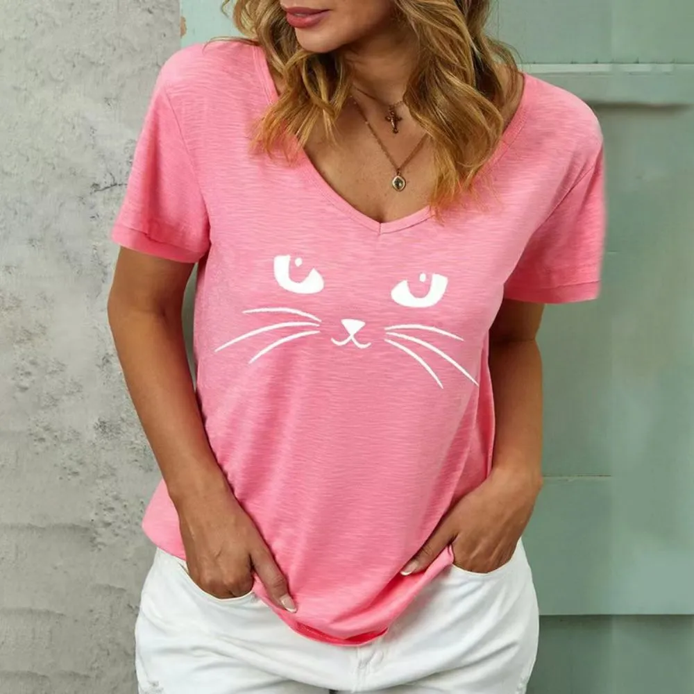 Women's 3d Cats Print Black Kawaii V-neck T-Shirt