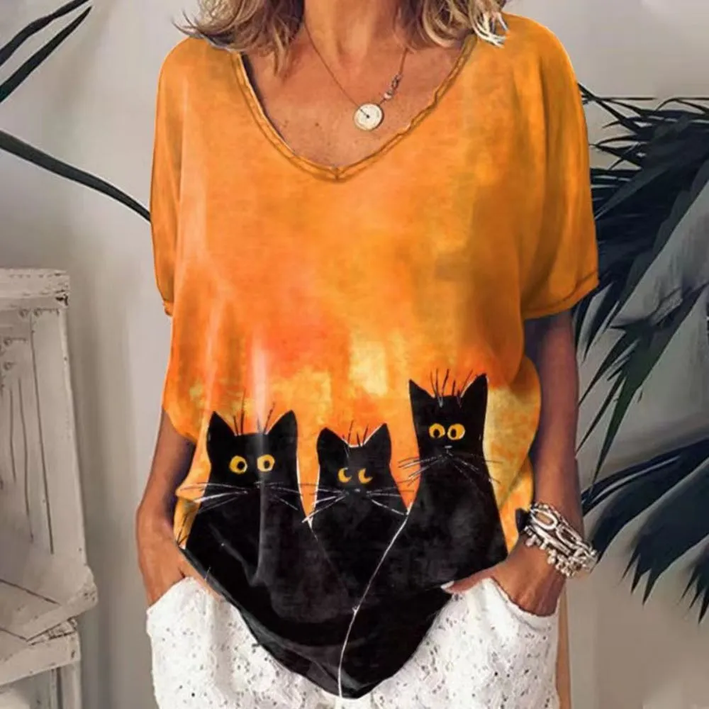 Women's 3d Cats Print Black Kawaii V-neck T-Shirt