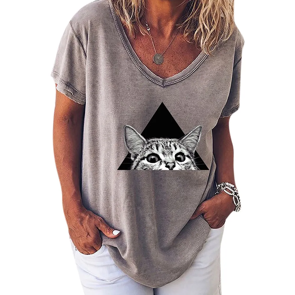 Women's 3d Cats Print Black Kawaii V-neck T-Shirt