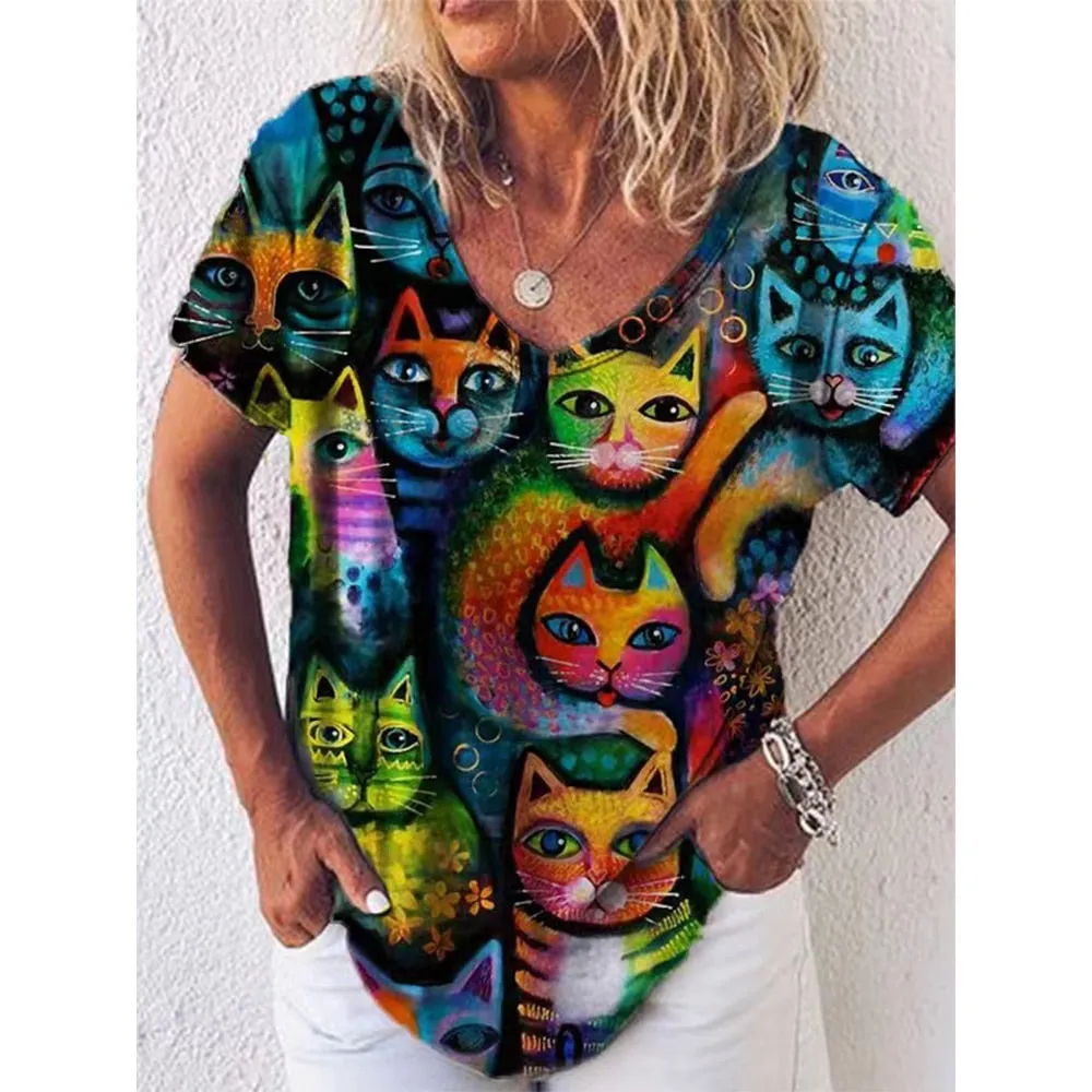 Women's 3d Cats Print Black Kawaii V-neck T-Shirt