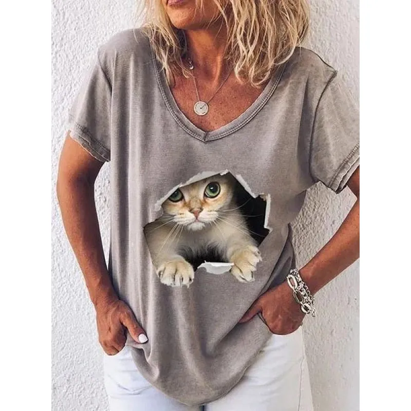Women's 3d Cats Print Black Kawaii V-neck T-Shirt
