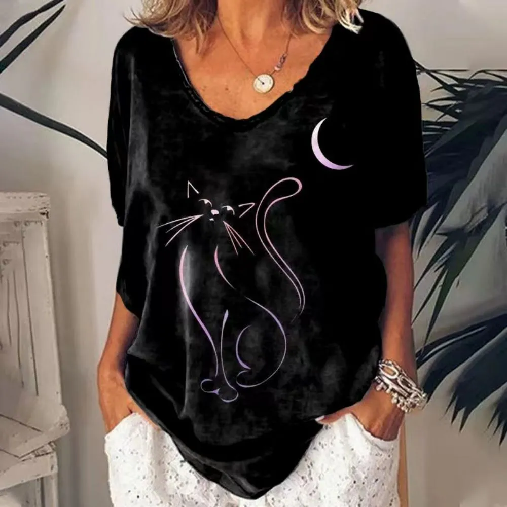 Women's 3d Cats Print Black Kawaii V-neck T-Shirt