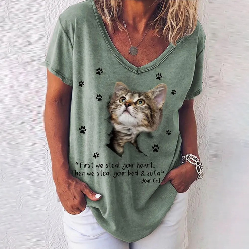 Women's 3d Cats Print Black Kawaii V-neck T-Shirt