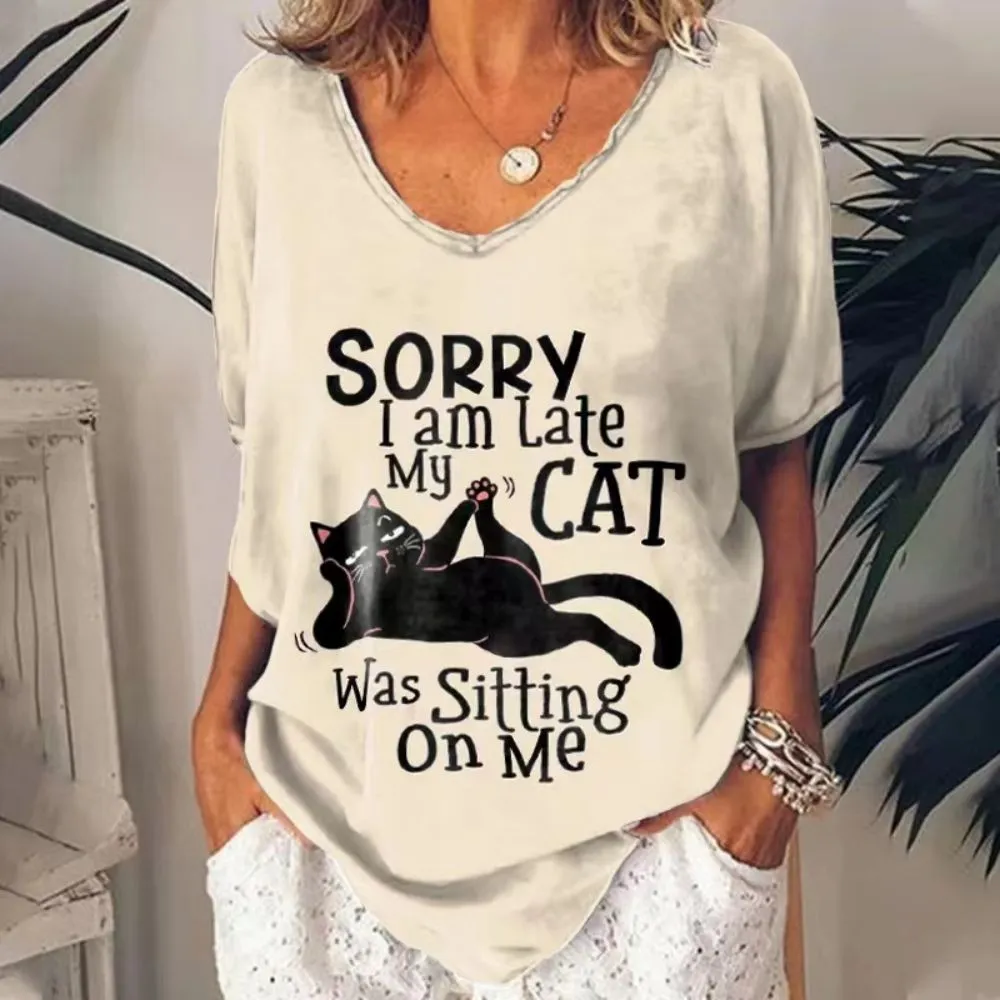 Women's 3d Cats Print Black Kawaii V-neck T-Shirt