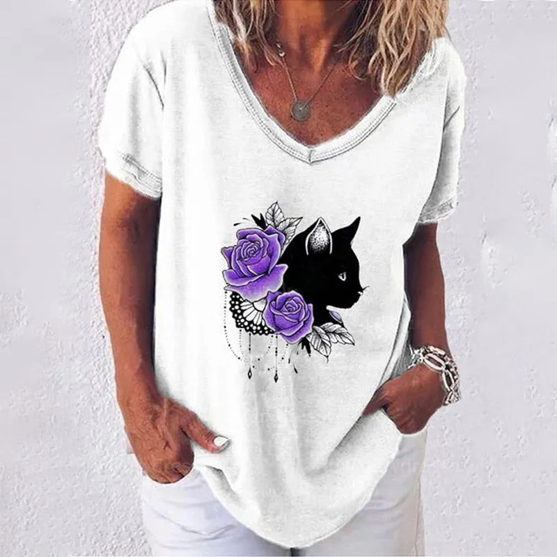 Women's 3d Cats Print Black Kawaii V-neck T-Shirt