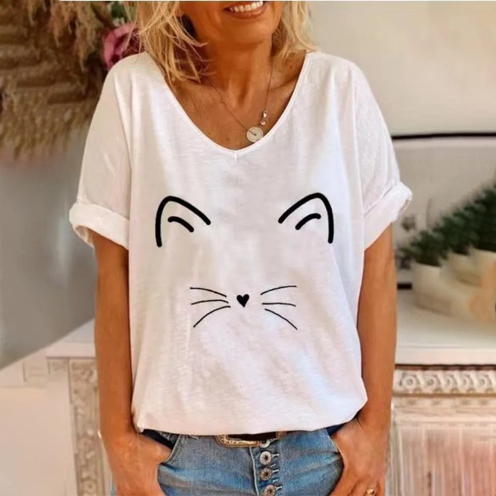 Women's 3d Cats Print Black Kawaii V-neck T-Shirt