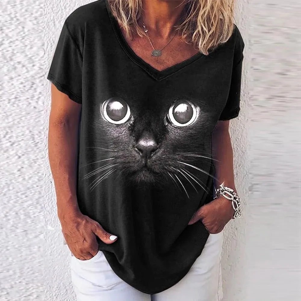 Women's 3d Cats Print Black Kawaii V-neck T-Shirt