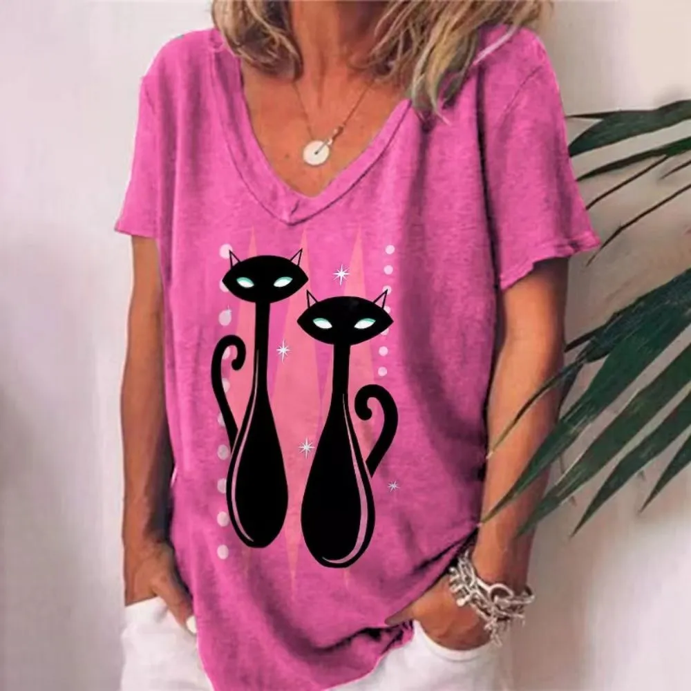 Women's 3d Cats Print Black Kawaii V-neck T-Shirt