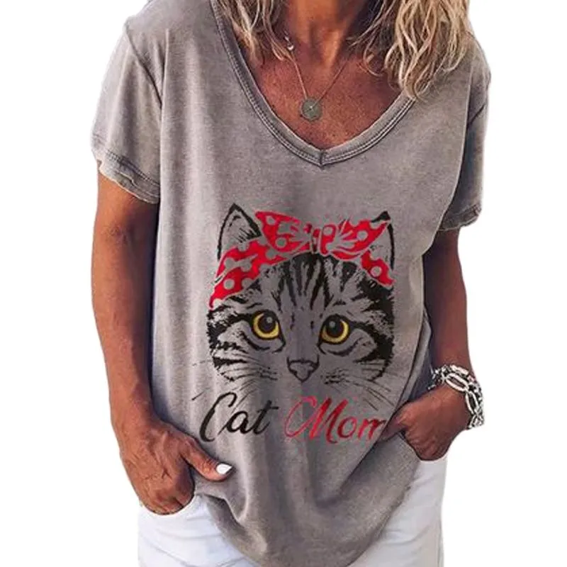 Women's 3d Cats Print Black Kawaii V-neck T-Shirt
