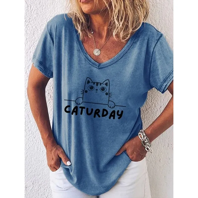 Women's 3d Cats Print Black Kawaii V-neck T-Shirt
