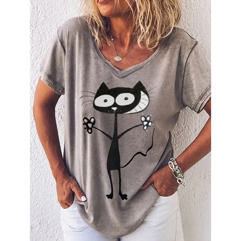 Women's 3d Cats Print Black Kawaii V-neck T-Shirt