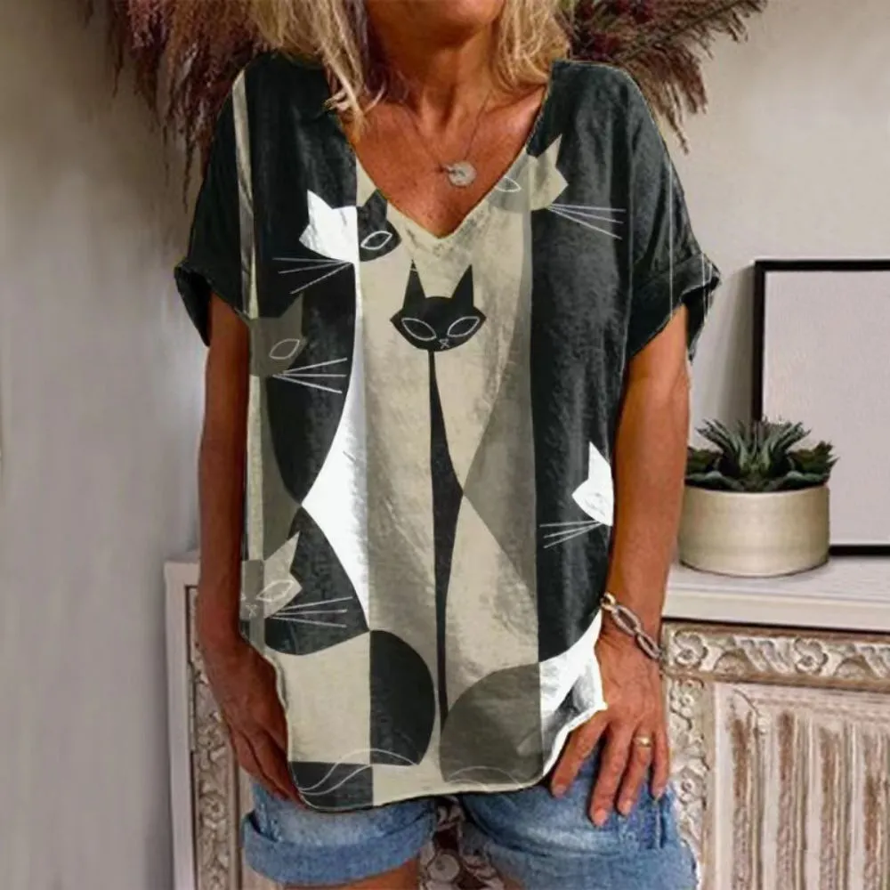 Women's 3d Cats Print Black Kawaii V-neck T-Shirt