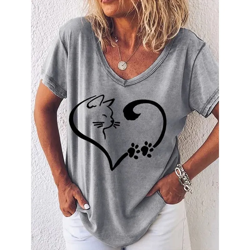 Women's 3d Cats Print Black Kawaii V-neck T-Shirt
