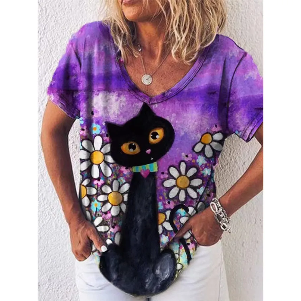 Women's 3d Cats Print Black Kawaii V-neck T-Shirt