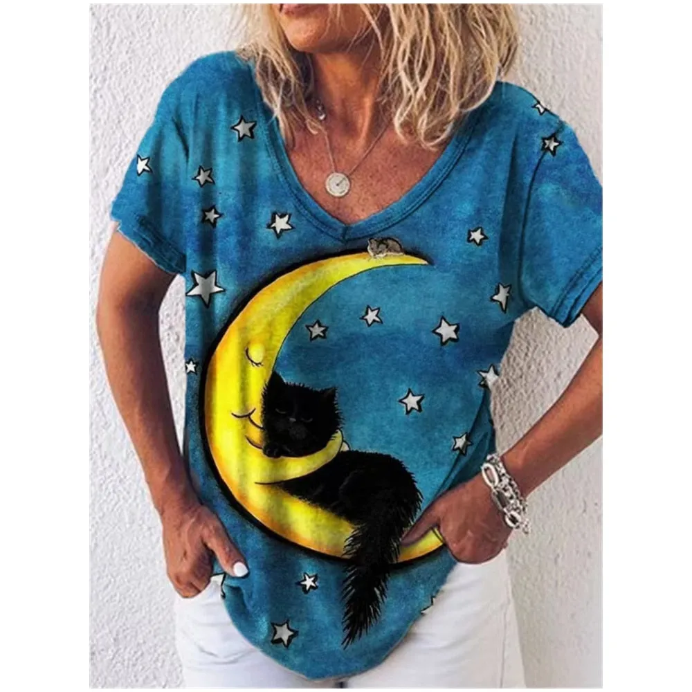Women's 3d Cats Print Black Kawaii V-neck T-Shirt