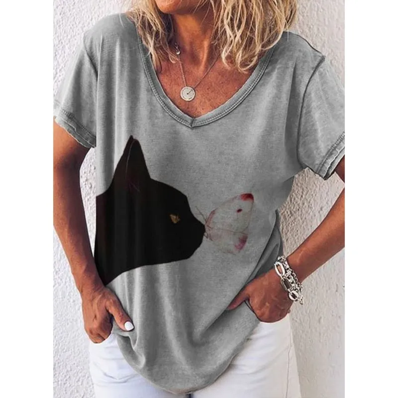 Women's 3d Cats Print Black Kawaii V-neck T-Shirt