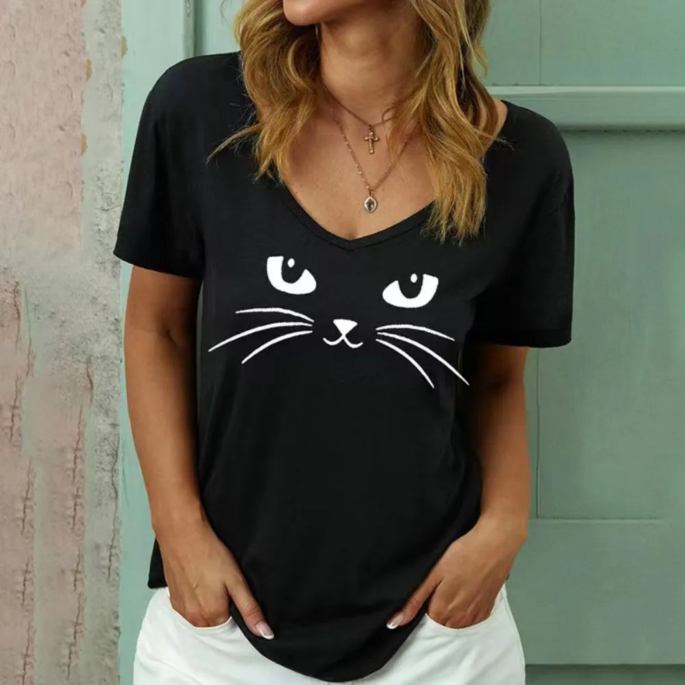 Women's 3d Cats Print Black Kawaii V-neck T-Shirt