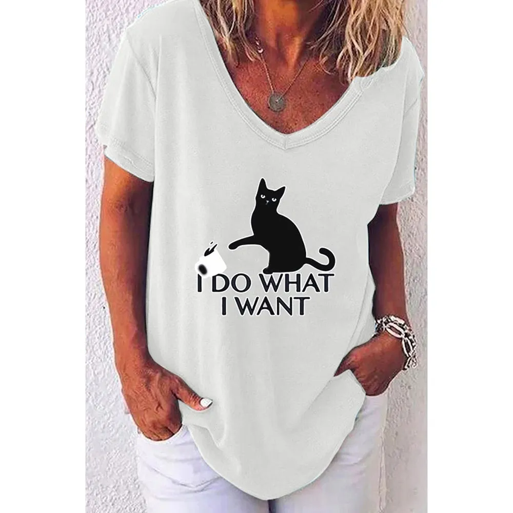 Women's 3d Cats Print Black Kawaii V-neck T-Shirt