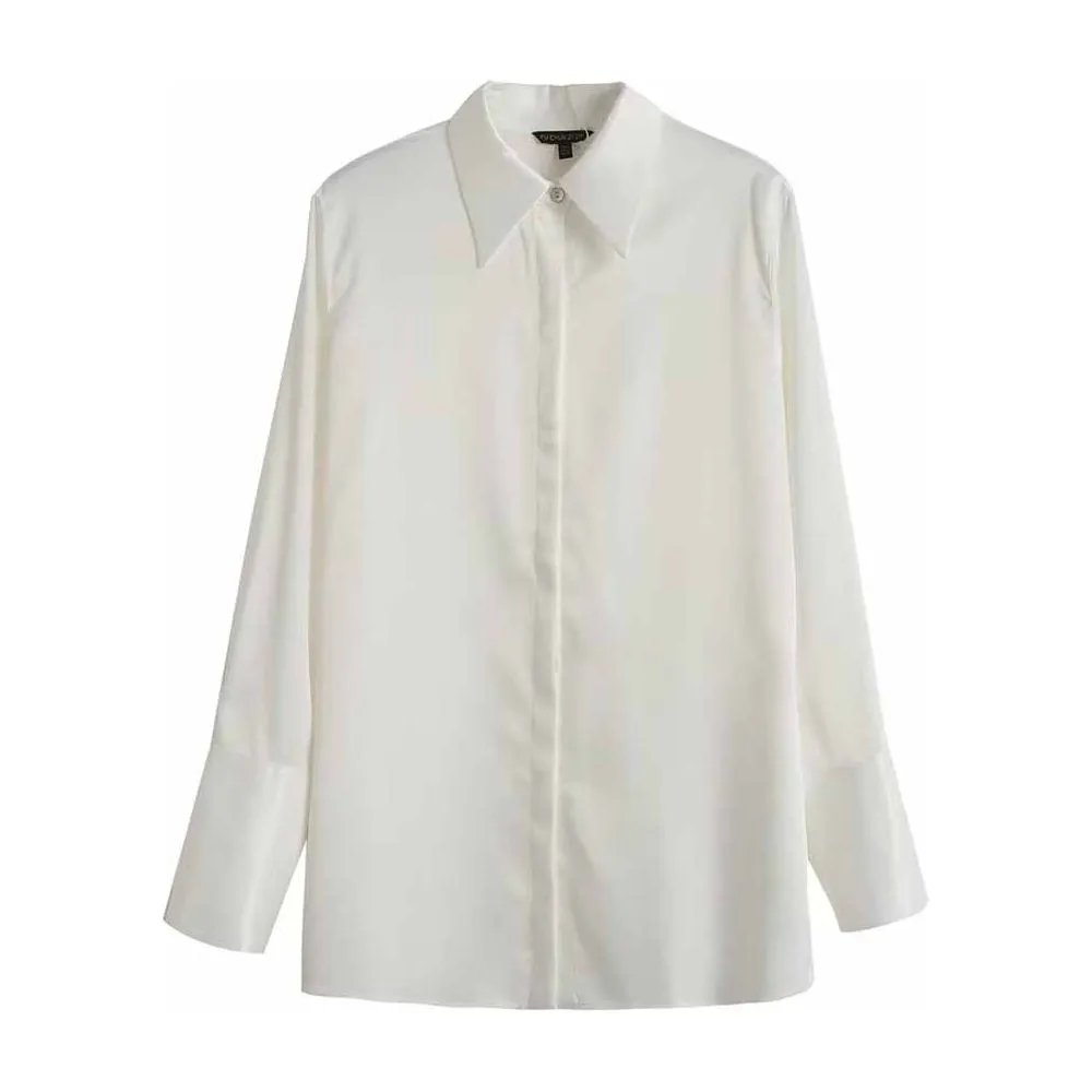 Women's Solid Satin Long Sleeve Button-up Shirt