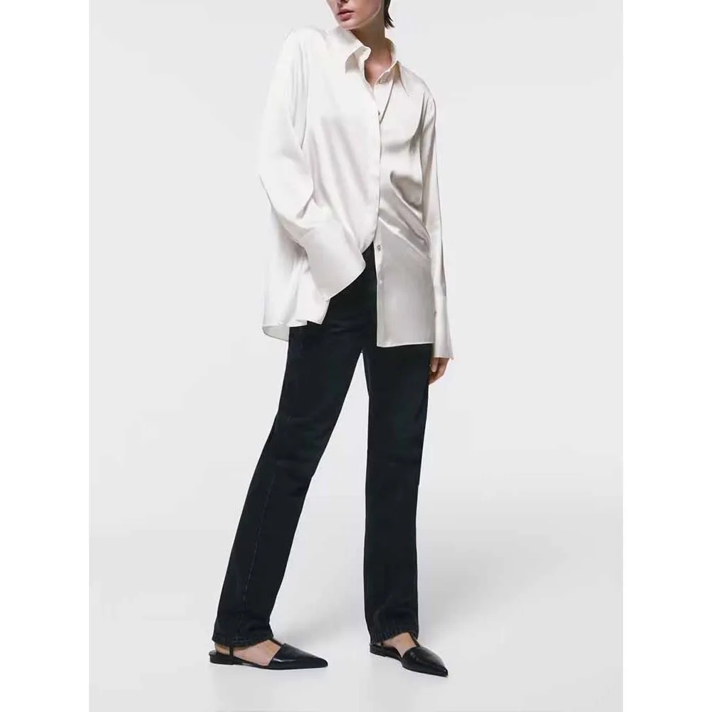 Women's Solid Satin Long Sleeve Button-up Shirt