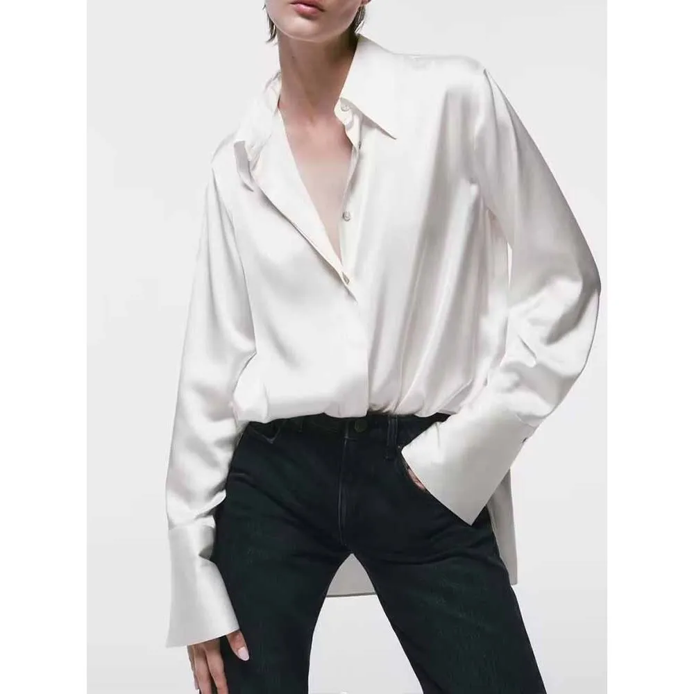 Women's Solid Satin Long Sleeve Button-up Shirt