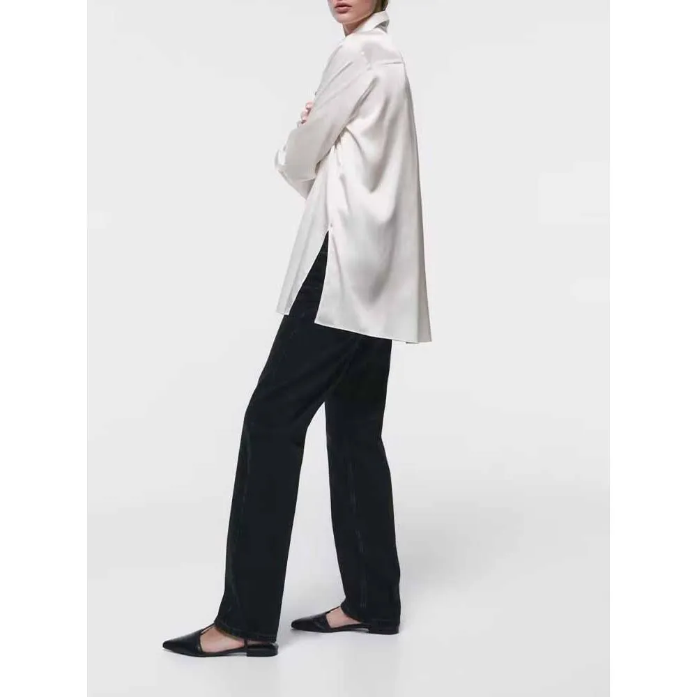 Women's Solid Satin Long Sleeve Button-up Shirt