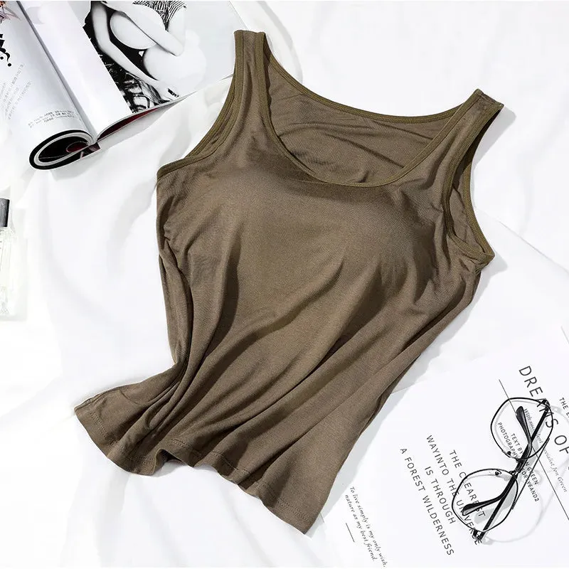 Women's Vest Tops with Built In Bra Padded Slim Fit Casual