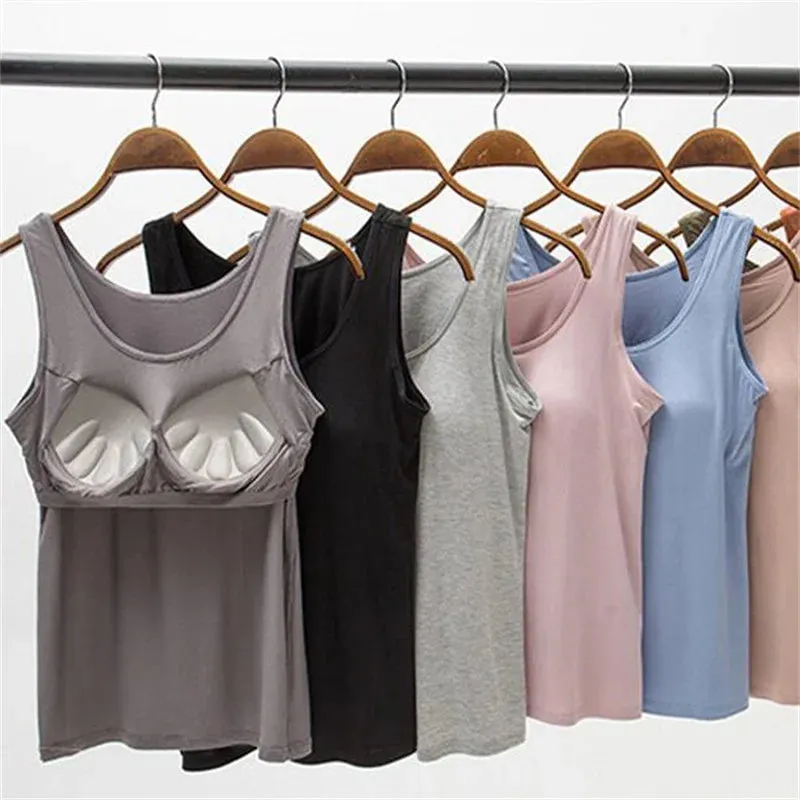 Women's Vest Tops with Built In Bra Padded Slim Fit Casual