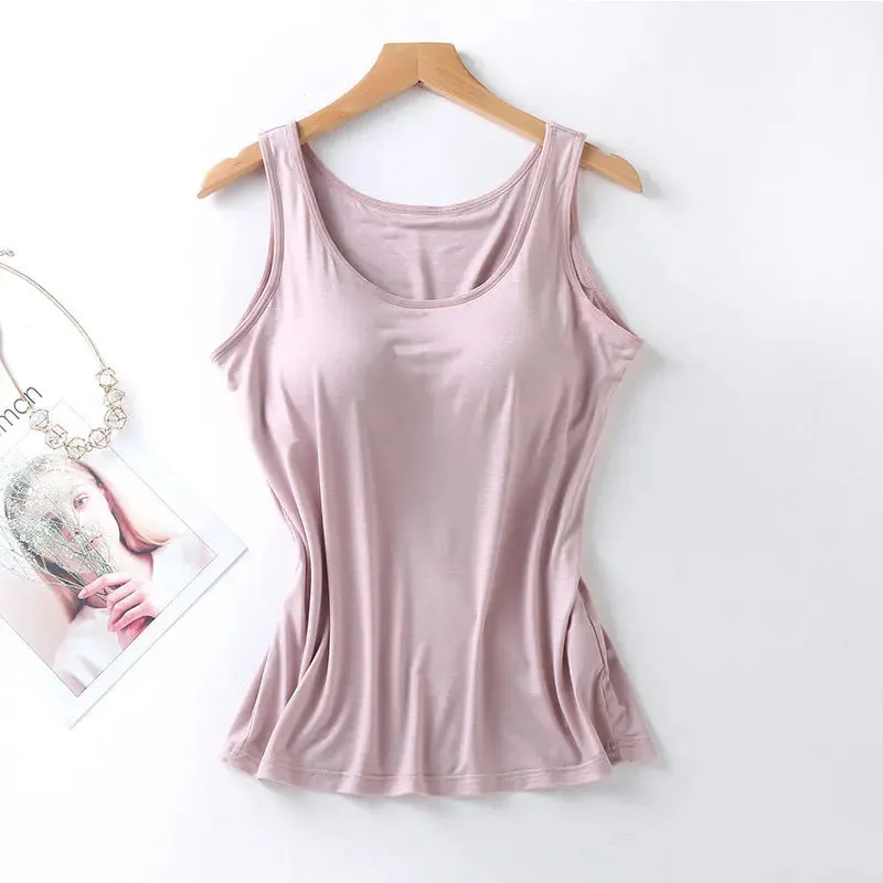 Women's Vest Tops with Built In Bra Padded Slim Fit Casual